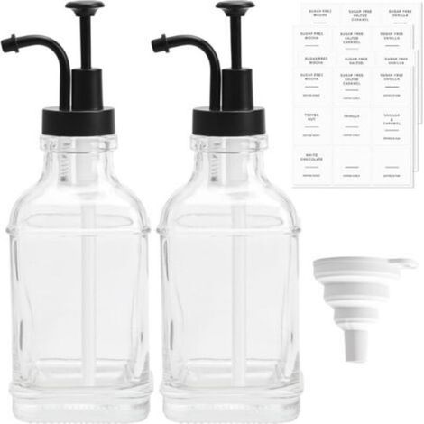 Set di 2 dispenser per sciroppo in vetro da 500 ml con pompe ed etichette per sciroppo da caffè, per cucina e bar, con imbuto e 36 adesivi. (1/5)