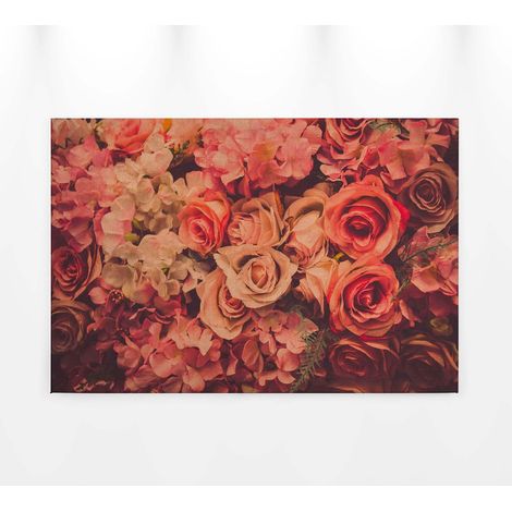 Tableau vintage fleuri rouge & rose | Tableau sur toile à fleurs idéal chambre adulte | Tableau couloir fleurs moderne - 0,9 x 0,6 m (1/5)