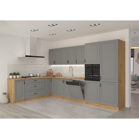 Azura Home Design – Ensemble cuisine en L STILO gris poussière/chêne 210x350 cm – Meubles avec tiroirs premium SOFT CLOSE – Finitions en MDF et stratifié (1/5)