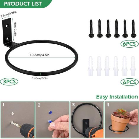 ZOLGINAH 3 piezas de anillo de soporte de maceta plegable montado en la pared, anillo de soporte de pared de metal con tornillos, ganchos para macetas para sostener macetas (15,5 cm) (1/4)