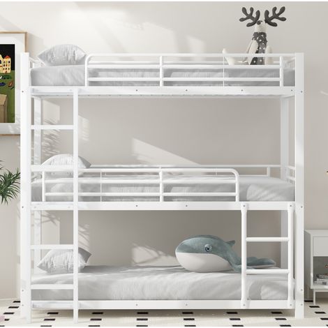 Dreifach Etagenbett 204x95x194 cm, platzsparend, mit Leiter und Geländern, Metall, Weiß (1/5)