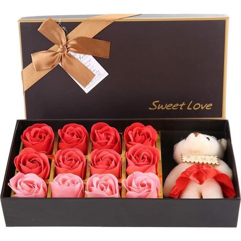 Cyrank 12 Rose Fleur Savon Fleur, Roses Artificielles Coffrets Cadeaux pour Femmes De Savon Ours on Cadeau De La Saint-Valentin avec Boîte Cadeau pour Sa Copine (Rouge) (1/5)