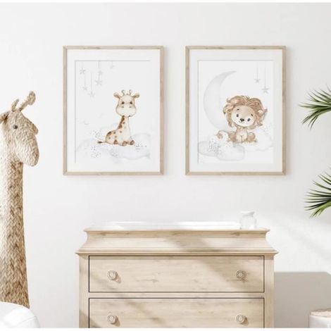 Toile - 30 x 42 cm - Décoration Murale Enfant - Nuage Lune Étoile Girafe Lion Éléphant - Sans Cadre - 3 Pièces (1/4)