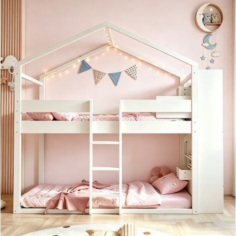 Bett Etagenbett Stauraum 90x200 Kiefer Weiß OKMYHOME (1/5)