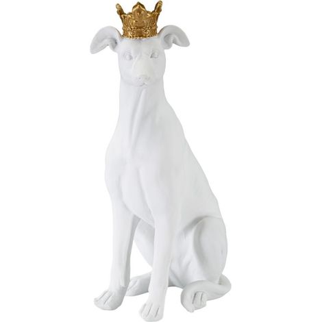 Scultura Cane con corona in resina bianca e oro