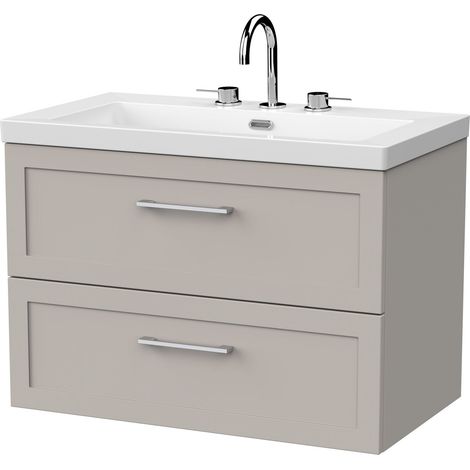 Stonnall Traditional Wall Hung 2 Drawers Vanity Unit with 3 Tap Hole Fireclay Basin, 800mm, Pebble Grey