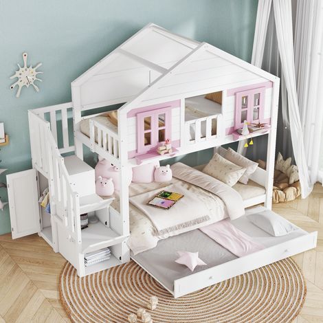 Litera 90×200 cm, Cama 2 Plazas con Cama Nido, 3 Escalones con Almacenaje y Perchero, sin Colchón, Blanco Rosa (1/5)