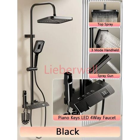 LIEBERWELL Black White Grey Complete Bathroom Shower Set, Bathtub System, LED Digital Pressurized Shower, Hot and Cold Shower Faucet, Brass, Bar Shape, Black (1/5)