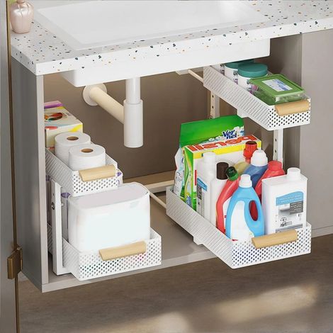 Organiseur sous évier de cuisine, étagère coulissante à 2 niveaux pour évier, porte-bouteilles d'épices, organiseur de tiroir coulissant réglable en hauteur pour armoires de cuisine et de salle de bai