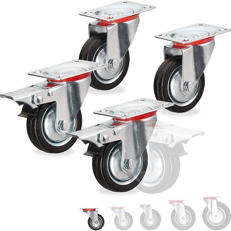 Relaxdays – Roues charge lourde 75 mm – Lot de 4 – Pivotantes à 360° avec roulement à billes – 200 kg de capacité – 2 freins en acier galvanisé (1/5)