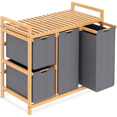 Panier à linge 3 Compartiments sur Roulettes, 3 50L Bambou Naturel, Panier à Linge Extensible, Bac à Linge à Roulettes, Peut être Utilisé Dans Chambre à Coucher, Salle de Bain (1/5)