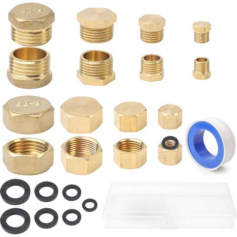 16Pcs Bouchon Fileté Hexagonaux en Laiton Set, 1/8" 1/4" 3/8" 1/2" Bouchon d'Obturation en Laiton, Tuyau avec Ruban de Plombier 8 Joints en Caoutchouc pour Eau Air (1/5)