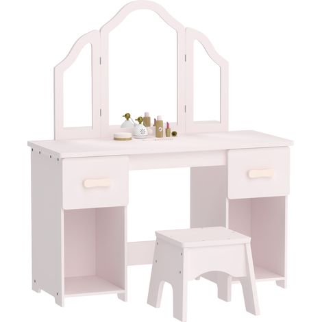 Coiffeuse pour enfants avec tabouret - Rose - Miroir à trois volets en acrylique, 2 tiroirs et 2 placards - Pour enfant - Design élégant (1/5)