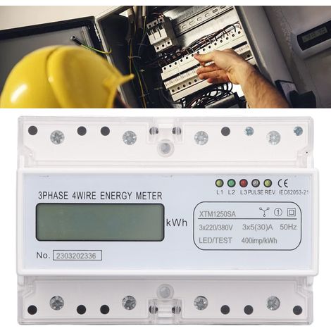 Compteur triphasé 7 pôles XTM1250SA 220 V/380 V avec écran LCD, montage sur rail DIN 35 mm, 3 × 5 A (1/5)