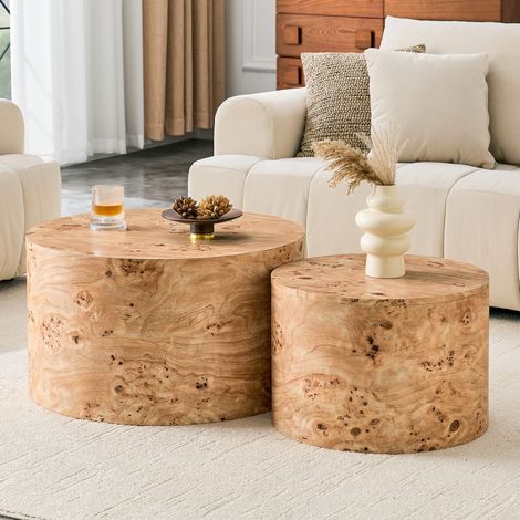 Lot de 2 tables basses rondes gigognes en MDF, Ø 62,8 et 44 cm, avec rangement intérieur et couvercle amovible, finition effet bois pour salon FLORAGRACE (1/5)