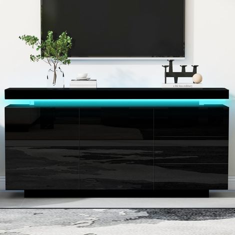 Buffet 140x35x73 cm noir brillant avec 2 portes, 3 tiroirs et éclairage led intégré, design sans poignée (1/5)