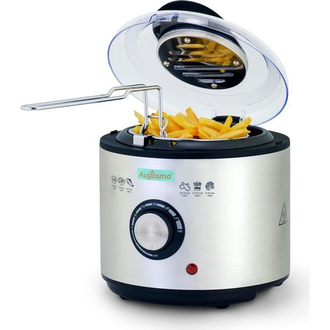 Mini friteuse à huile 850-950 W l Capacité : 1 l l Fenêtre de visualisation l Panier à friture en acier inoxydable l Température réglable l Isolation thermique l Revêtement en caoutchouc (1/5)