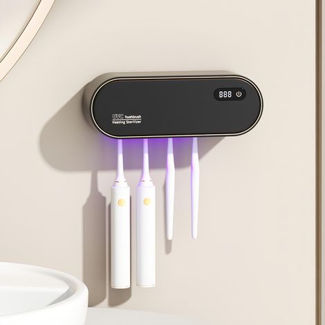 Désinfectant UV pour brosse à dents - Support de brosse à dents électrique à montage mural avec séchage - Stérilisateur UV sans perçage avec 4 emplacements pour la famille (1/5)