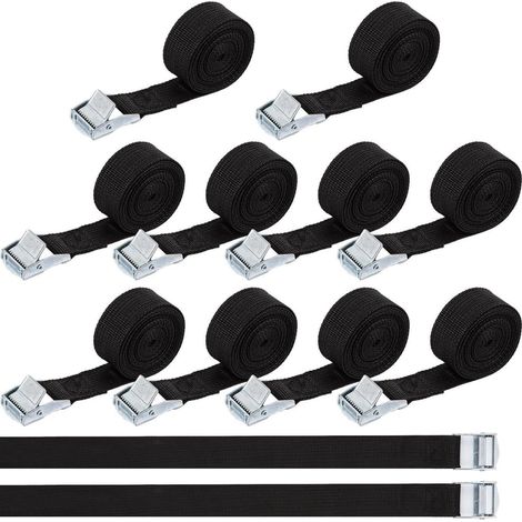 Lot de 12 sangles d'arrimage avec boucle à cliquet, 2m de long, 25mm de large, Noir