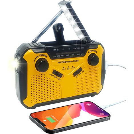 Radio avec cellule solaire 2500 mAh, générateur à manivelle avec lampe torche (jaune)