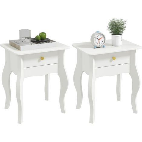 Set aus 2 Nachttischen mit geschwungenen Beinen, Beistelltische für Wohn- oder Schlafzimmer, Maße 45 x 35 x 55 cm, Farbe: Weiß