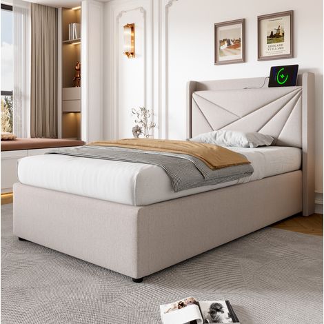 letto contenitore 90x200 ricarica USB C beige OKMYHOME (1/5)