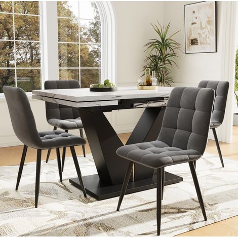 Juego de comedor de 5 piezas (99-159x75x75 cm), extensible, 4 sillas, patas en V, MDF y terciopelo, multicolor (1/5)