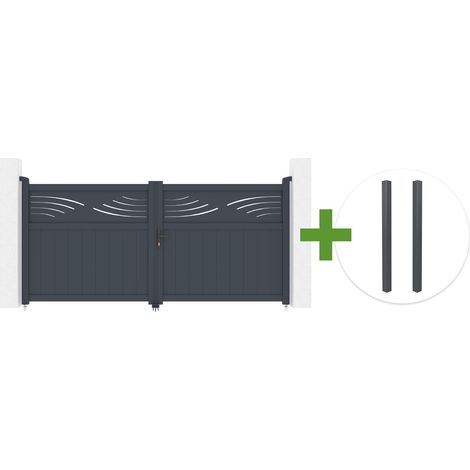 Portail battant 3m HALTI H.140cm aluminium gris + 2 poteaux ELDA aluminium gris 15x15cm (1/5)