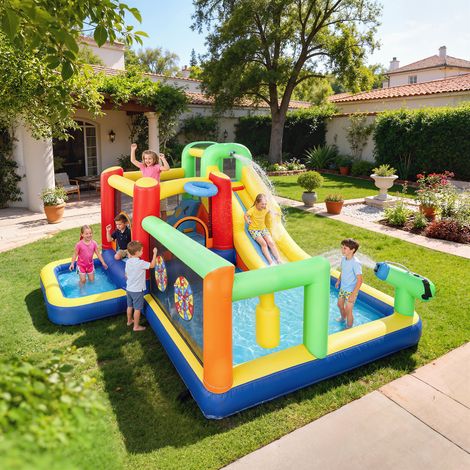 Château d’eau gonflable doté de souffleur 550W 9 en 1 avec glissement, trampoline, escalade de 2 piscines, panier de colonne de boxe