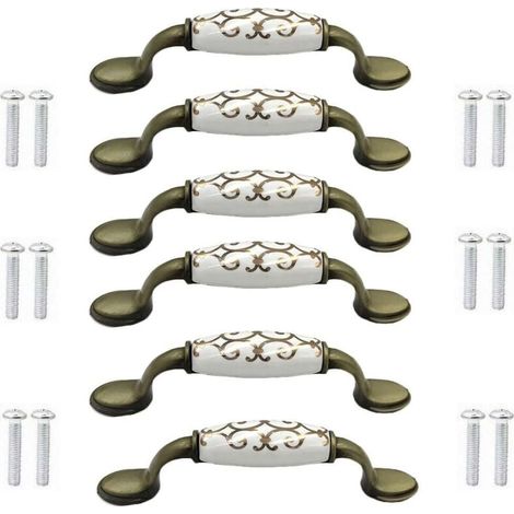 (6 pièces) boutons de porte en céramique en alliage de bronze pour armoire, armoire, garde-robe, poignée en bronze de style chinois (1/4)