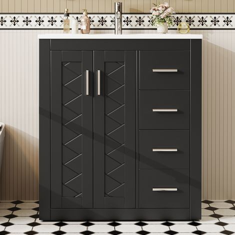 Lavabo autoportant de grande taille, dimensions 76 × 46,5 × 85,5 cm, revêtu d'une laque. Avec trois glissières de tiroirs silencieuses et une porte à double battant, charnières douce fermeture. Bassin (1/5)