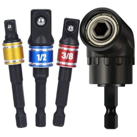 Adaptateur de perceuse, embout coudé à 105 °, 1/2 pouces, 3/8 pouces, 1/4 pouces, adaptateurs de douille à 360 ° pour vis à écrou, 4 pièces (1/4)