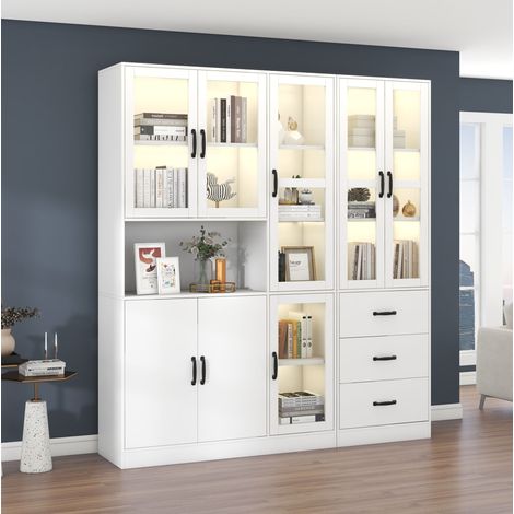 Mueble vitrina 180 x 40 x 200 cm con LED, 8 puertas y 3 cajones, blanco HAVRYA