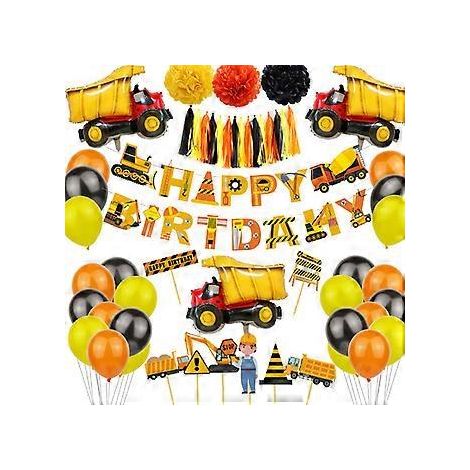 Kit de décoration pour fête d'anniversaire sur le thème des chantiers (53 pièces) avec 2 ballons en aluminium, comprenant un camion-benne et 2 ballons métallisés. Idéal pour une fête d'anniversaire d'
