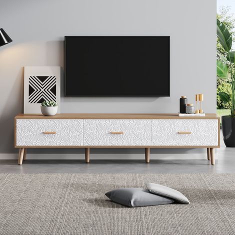 Meuble tv 150x40x40, design vintage bois clair avec rangement et porte blanche meuble tv avec rangement (1/5)