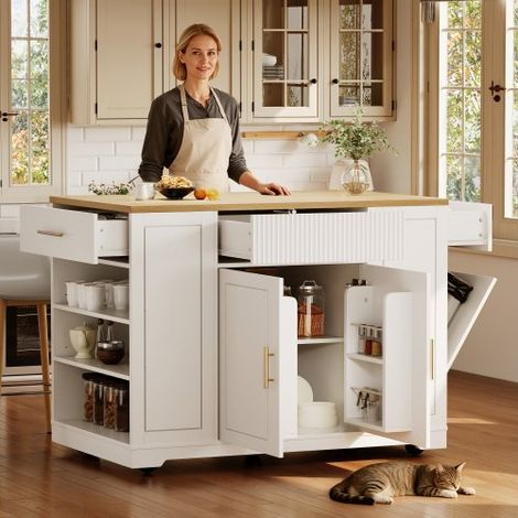 Îlot de cuisine mobile blanc 120 × 50 × 92 cm sur roulettes, avec 3 tiroirs, 2 portes, emplacement pour poubelle, serviteur multifonction pour cuisine (1/5)