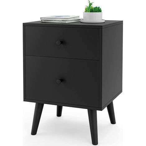 GOPLUS Table de Chevet avec 2 Tiroirs et 1 Plateau 45x40x62 CM-Table de Nuit avec Poignée Exquis et Pieds en Bois Massif-Noir