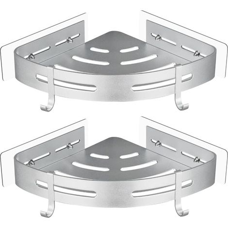 Estante de ducha esquinero sin taladrar de aluminio aeroespacial con 2 ganchos, soporte autoadhesivo inoxidable para artículos de baño (2 piezas, plateado) (1/5)