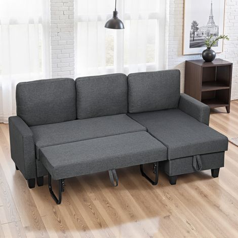 3-Sitzer-Schlafsofa mit ausziehbarer Chaiselongue, Ecksofa mit Staufach, abnehmbare Kissen in Leinenoptik, fürs Wohnzimmer, 197 x 129 x 85 cm, Dunkelgrau