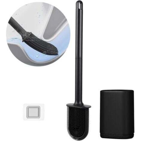Brosse de toilette en silicone, brosse de toilette plate et flexible, brosse de toilette de salle de bain avec bac à poussière à séchage rapide, installation murale sans perçage, noire. (1/4)
