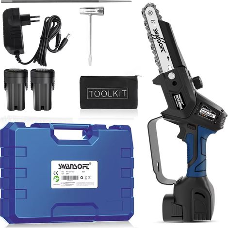 SWANSOFT Mini-tronçonneuse sans fil 6 pouces (13 cm) 500 W avec deux batteries Outil de jardinage pour l'élagage des arbres et la coupe du bois CS-1S (1/4)