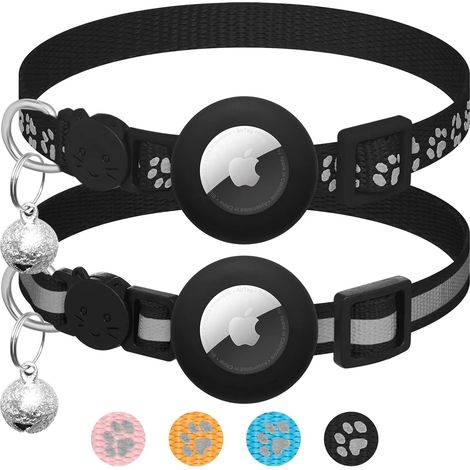 Lot de 2 colliers pour Apple AirTag pour chat avec clochette, collier réfléchissant pour chat avec support Airtag, réglable de 17,8 à 30,5 cm, avec boucle de sécurité  noir (1/5)