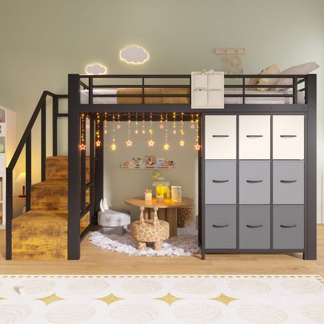 Lit Mezzanine Enfant 140x200cm - Lit Haut Métal avec Escalier de Rangement, Tiroirs et Tringle - Style Industriel - Noir (1/5)