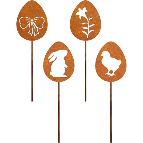4 Pièces Piquet de jardin, Lapin en métal rouillé, Décoration murale, Résistant aux intempéries, Pour terrasse balcon jardin