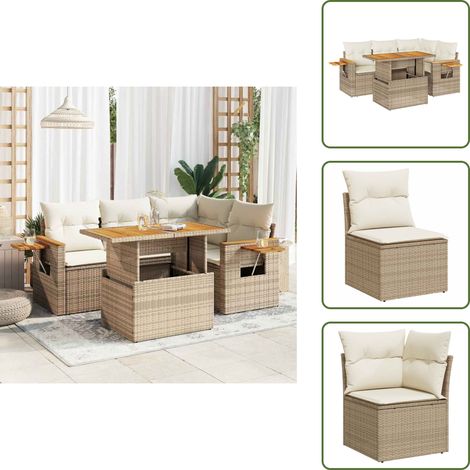 5-tlg. Garten-Sofagarnitur mit Kissen Beige Poly Rattan Akazie - Gartensofa Set - Garten Sofa Set - Outdoor Sofa Set - Garten Sofagarnitur (1/5)