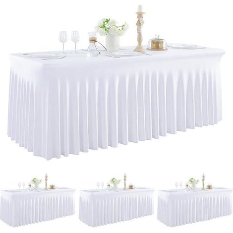 Pack de 4 nappes blanches en spandex pour tables rectangulaires de 180 cm, nappe extensible sans plis avec jupon pour banquet,Blanc (1/5)