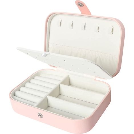 Boîte à bijoux de voyage à 2 compartiments pour femmes et filles, étui de rangement portable en cuir PU pour boucles d'oreilles, bagues, colliers et bracelets, 16 x 11 x 5 cm (1/5)