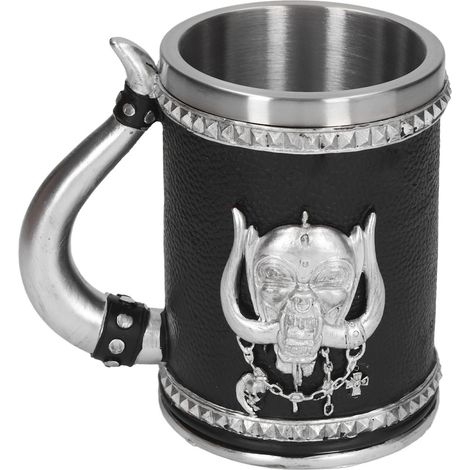 Chopine à bière pirate grande capacité en acier inoxydable sûr, peinte et polie à la main, ornée d'un crâne en résine artisanale.