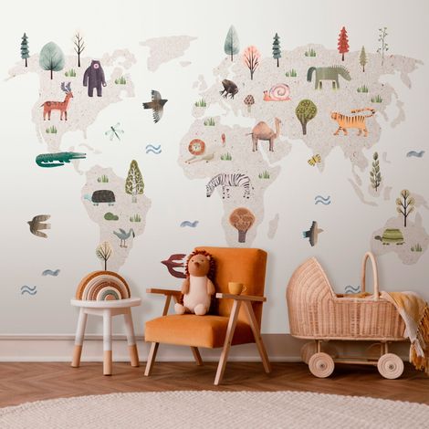 Papier peint - Monde beige - continents avec des animaux aux couleurs tamisées (1/4)