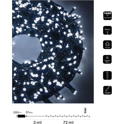 Catena luminosa LED Natale 1440 led 72 mt cavo verde serie luminosa natalizie per esterno interno albero feste Bianco freddo